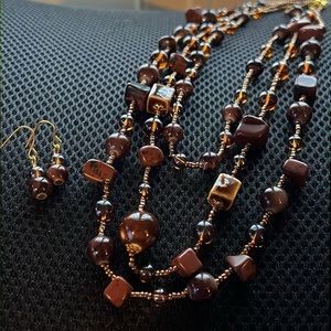 New Brown Copper Tone Beads Long Lariat/ Multi-Strand Necklace Earrings Gift Box